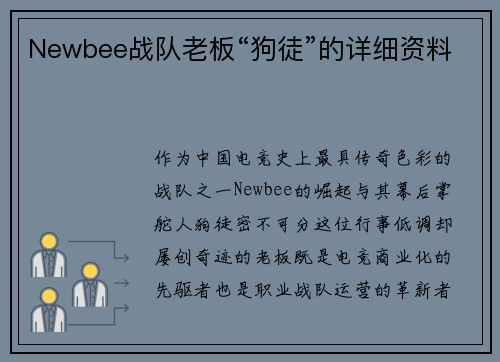 Newbee战队老板“狗徒”的详细资料