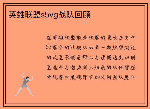 英雄联盟s5vg战队回顾